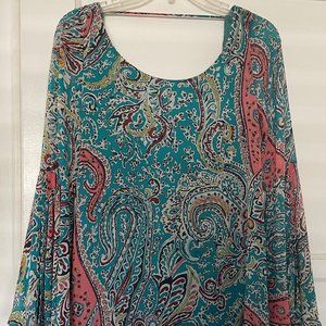 Turquoise Paisley Swing Dress w/ Bell Sleves